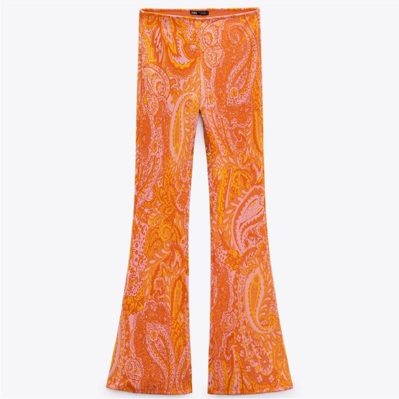 ZARA Orange Pink Jacquard Retro‎ Print 70’s Pants Bell Bottoms Flared size S NWT - Picture 2 of 10